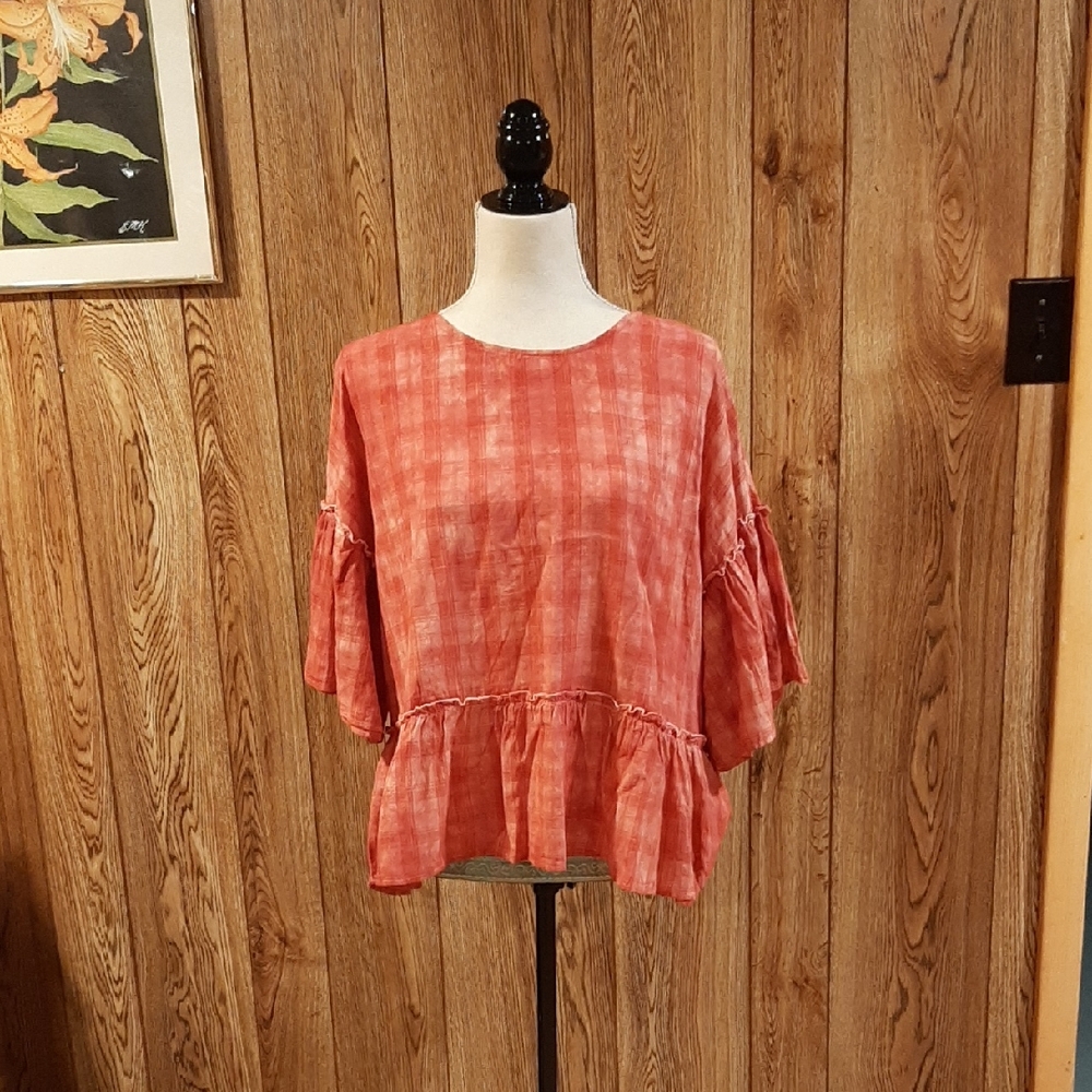 🥀🍋NWT Easel Pink and Red Plaid Ruffled Short-Sleeve Top (M)🥀